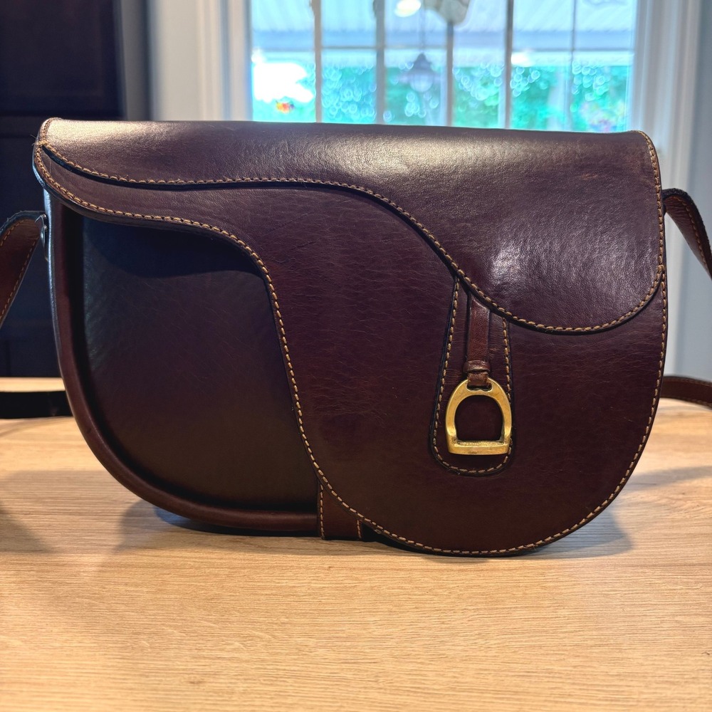 La Gaucha Mahogany Brown Leather Saddle Bag Equestrian Stirrup Crossbody Purse